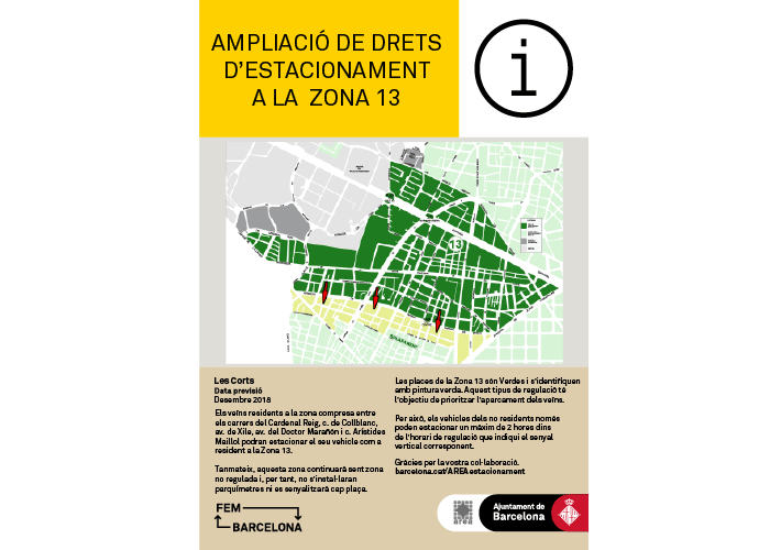 Ampliació de drets d’estacionament regulat de resident a la Zona 13 (Les Corts)