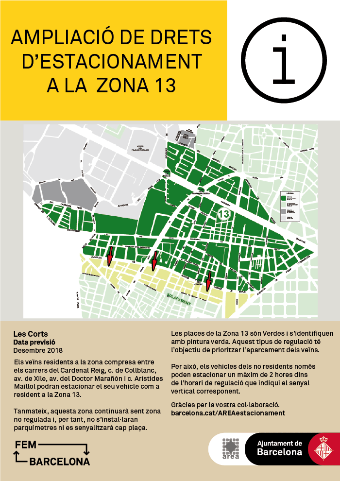 Ampliació de drets d’estacionament regulat de resident a la Zona 13 (Les Corts)